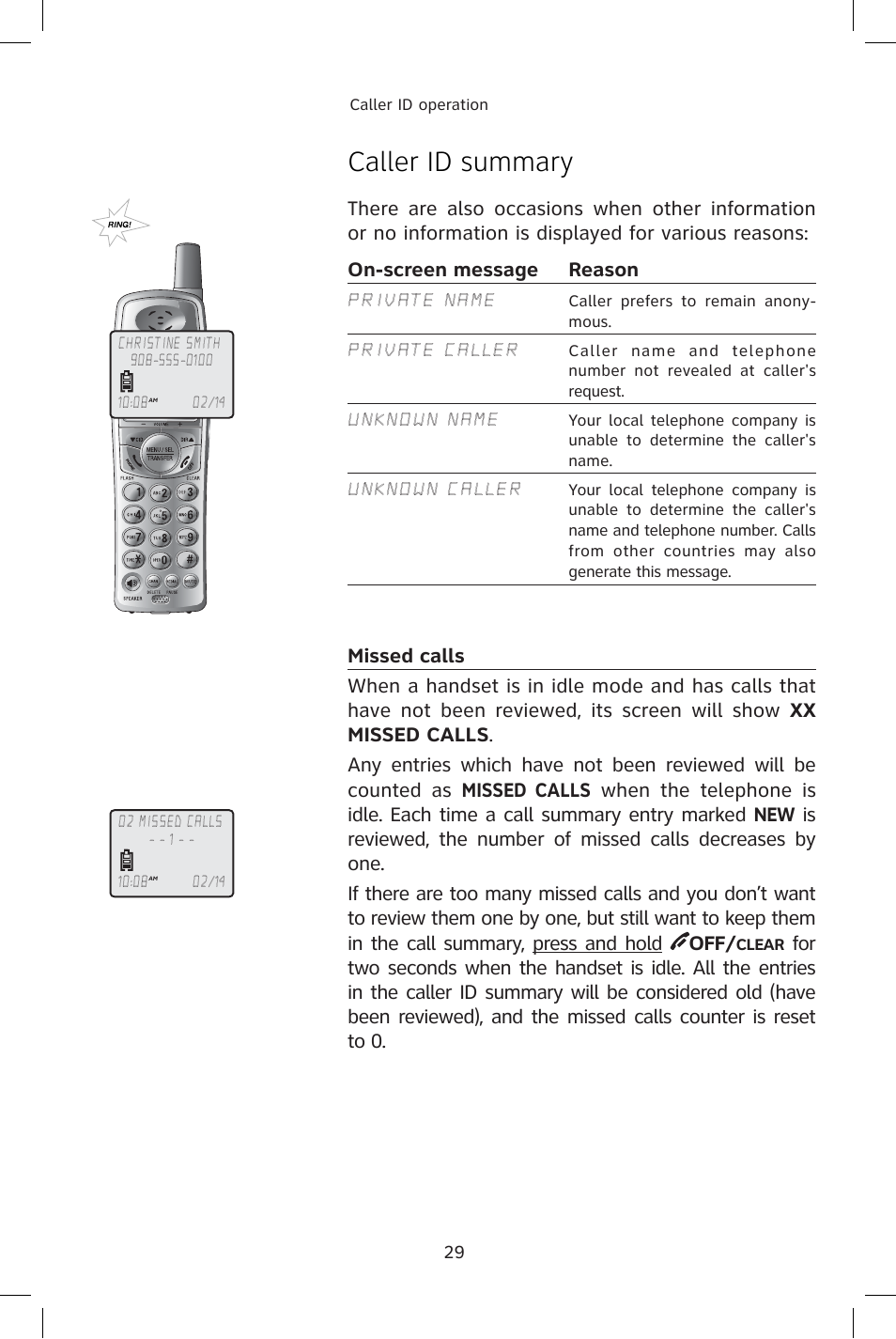 On-screen message, Missed calls, Caller id summary | AT&T E1814B User Manual | Page 32 / 65
