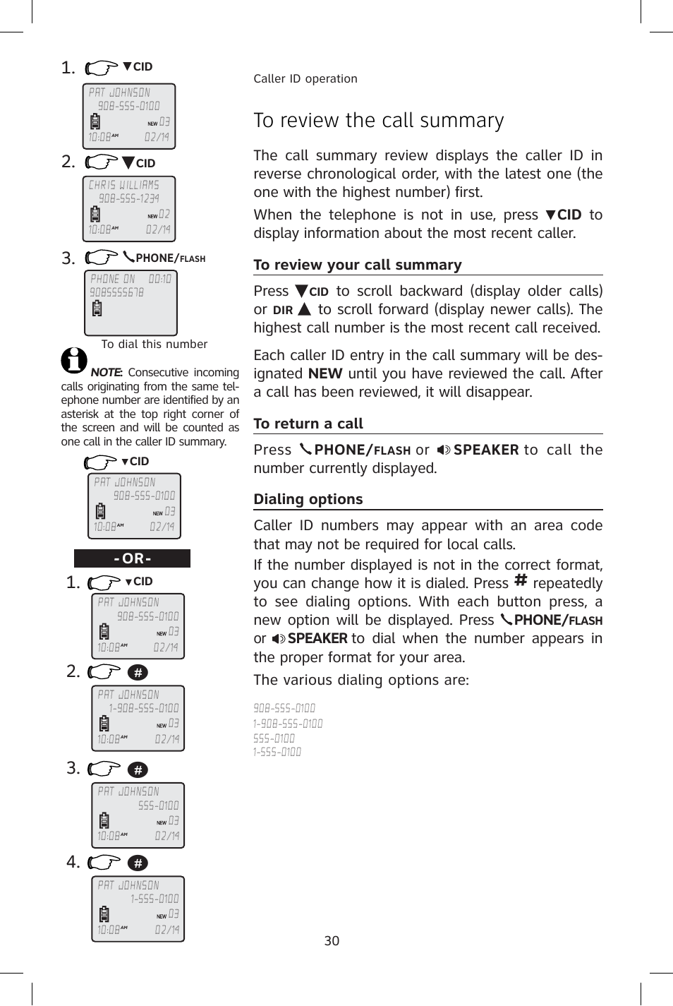 To review the call summary, To return a call, Dialing options | Or speaker | AT&T E1814B User Manual | Page 33 / 65