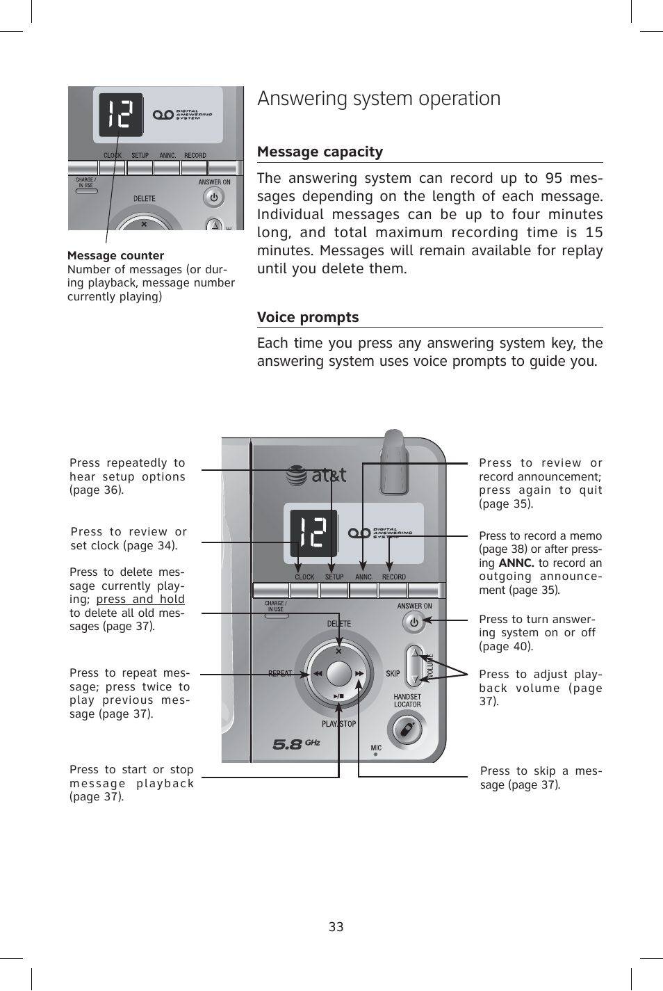 Answering system operation, Message capacity, Voice prompts | AT&T E1814B User Manual | Page 36 / 65