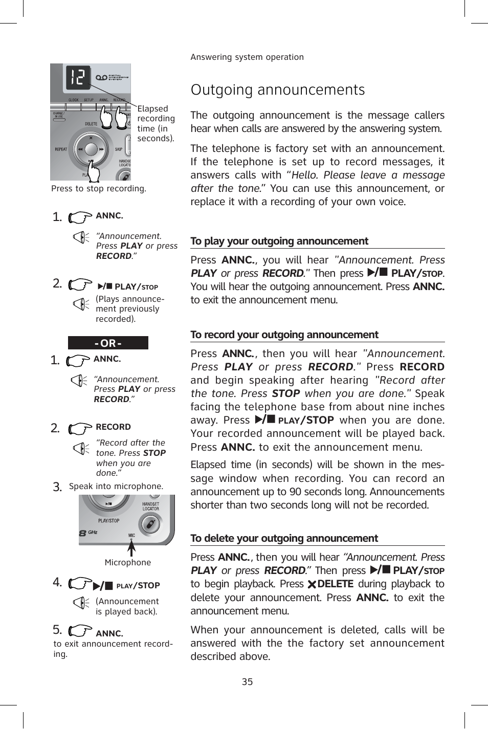 Outgoing announcements, To play your outgoing announcement, To record your outgoing announcement | To delete your outgoing announcement | AT&T E1814B User Manual | Page 38 / 65