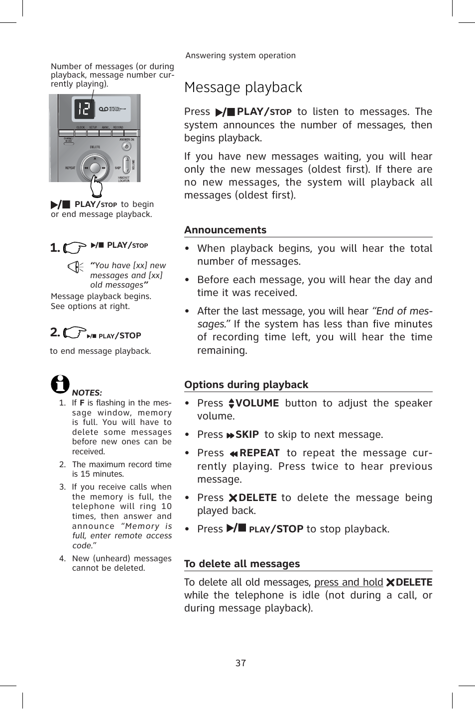 Message playback, Announcements, Options during playback | To delete all messages | AT&T E1814B User Manual | Page 40 / 65