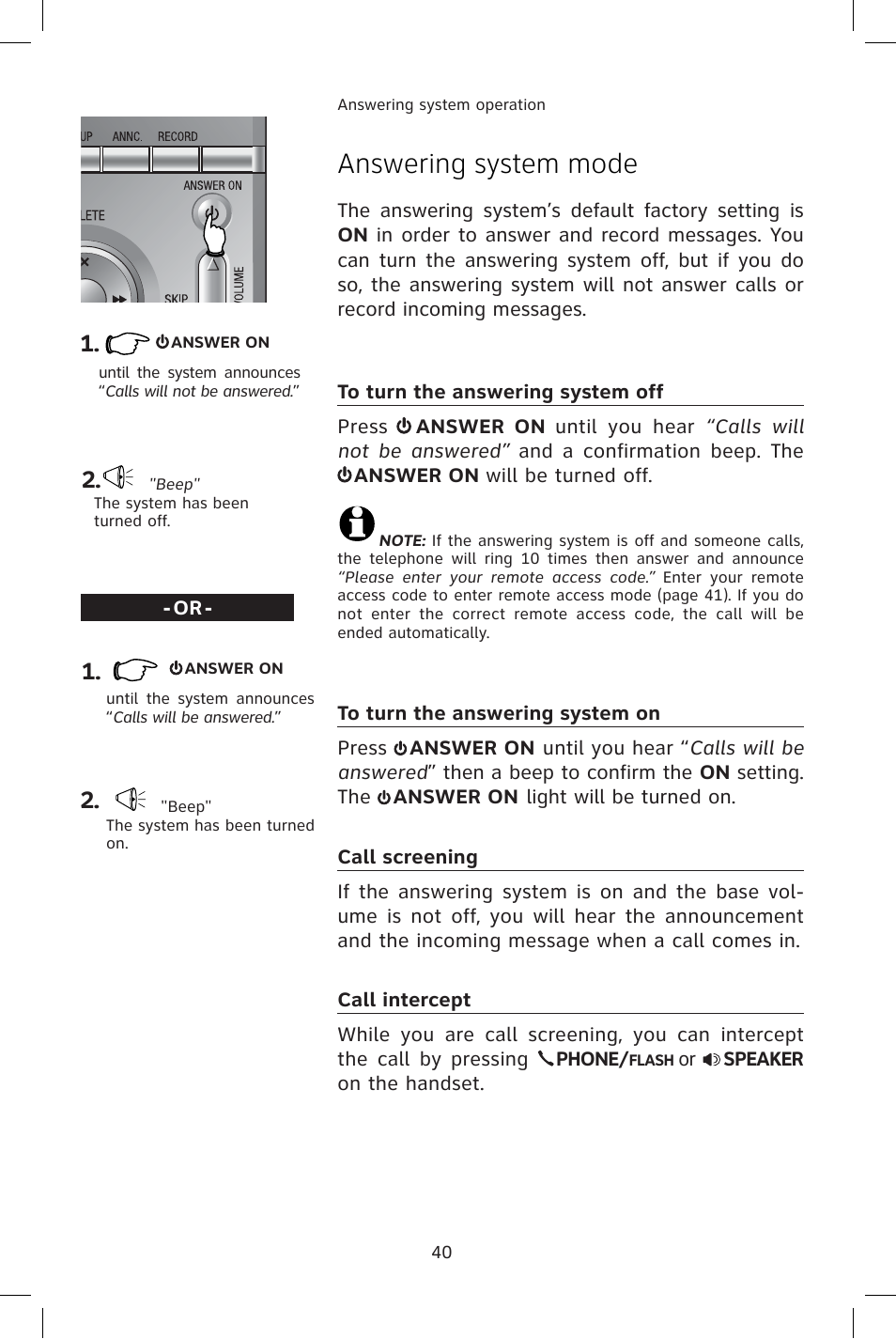 Answering system mode, To turn the answering system off, To turn the answering system on | Call screening, Call intercept | AT&T E1814B User Manual | Page 43 / 65