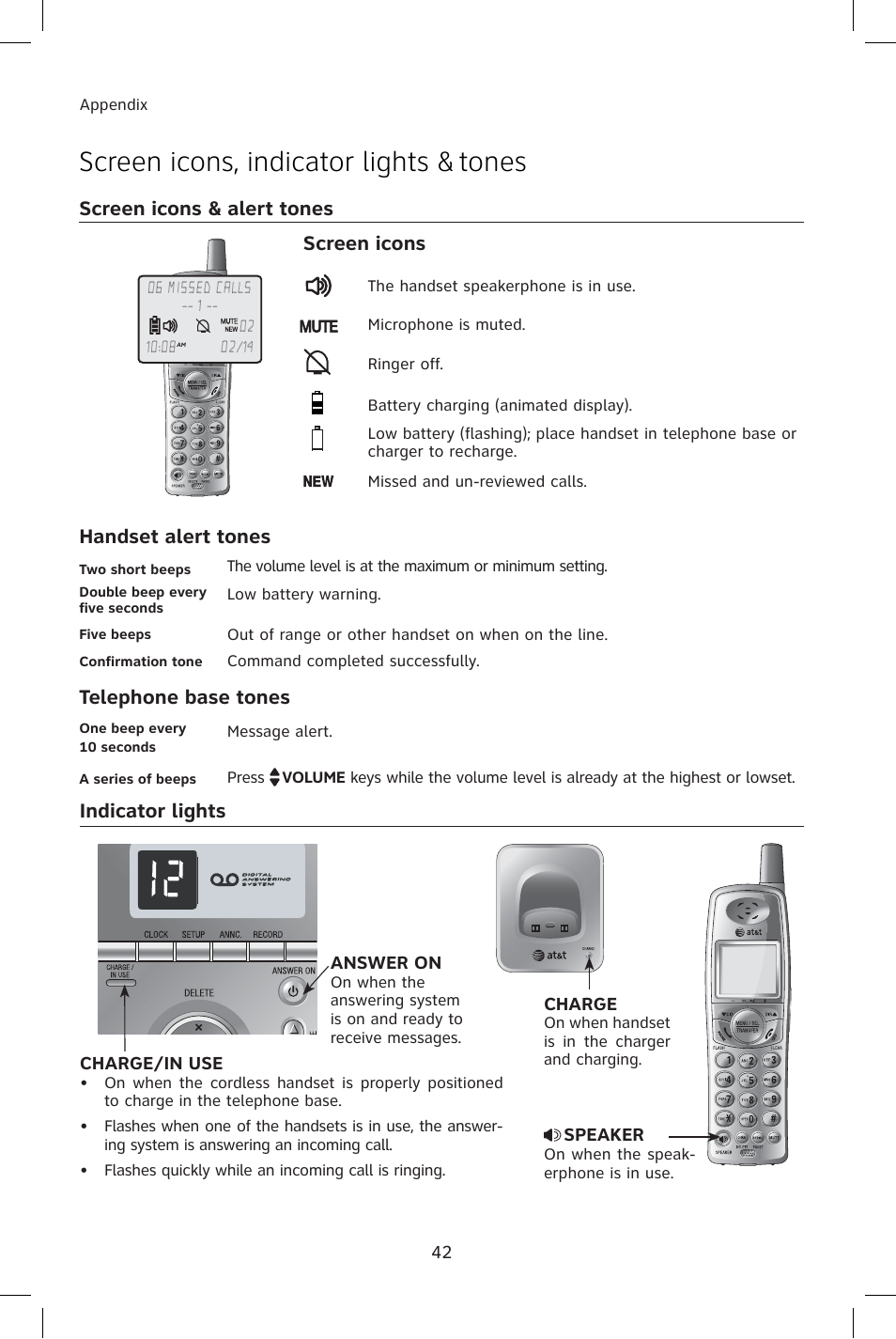 Screen icons, indicator lights & tones, Handset alert tones, Telephone base tones | Indicator lights, Screen icons & alert tones screen icons | AT&T E1814B User Manual | Page 45 / 65
