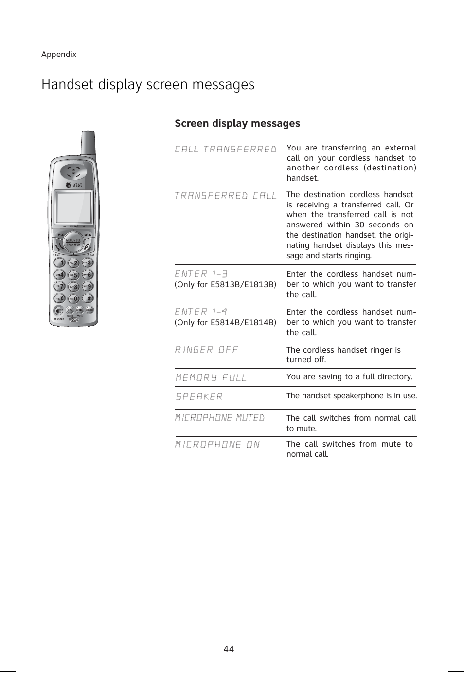 Handset display screen messages | AT&T E1814B User Manual | Page 47 / 65