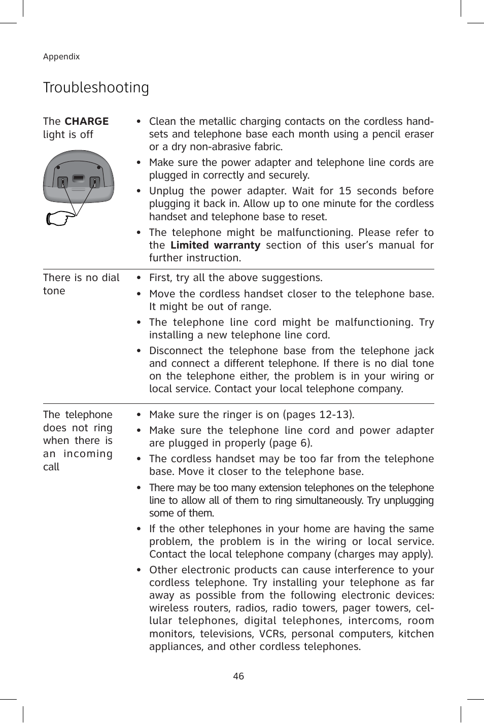 Charge light, Troubleshooting | AT&T E1814B User Manual | Page 49 / 65