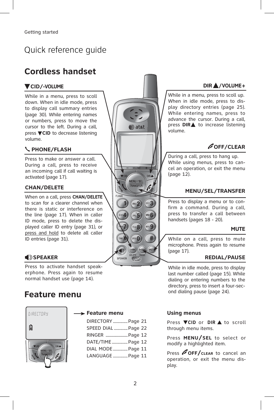 Quick reference guide, Cordless handset, Quick reference guide cordless handset | Feature menu | AT&T E1814B User Manual | Page 5 / 65