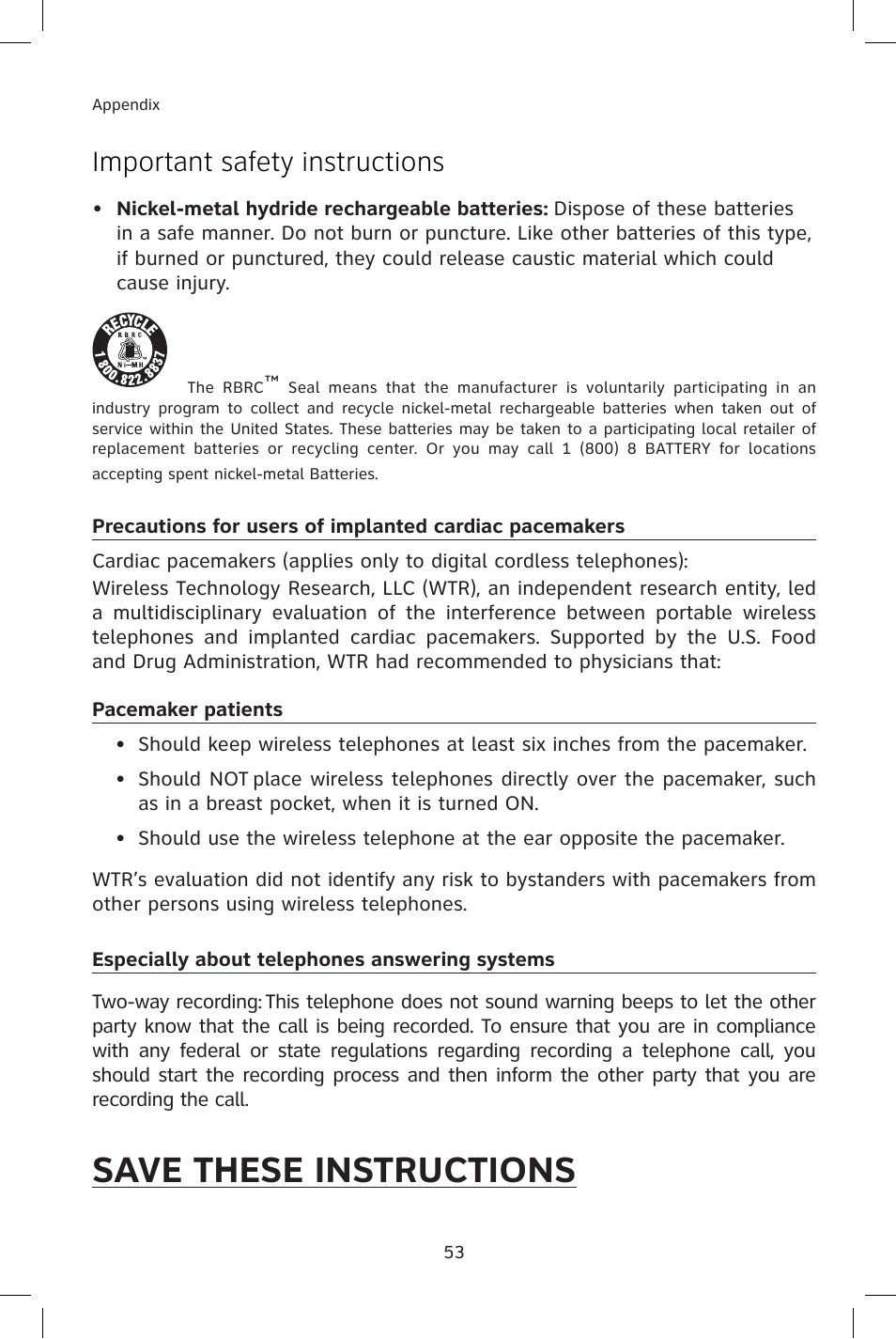 Save these instructions, Important safety instructions | AT&T E1814B User Manual | Page 56 / 65