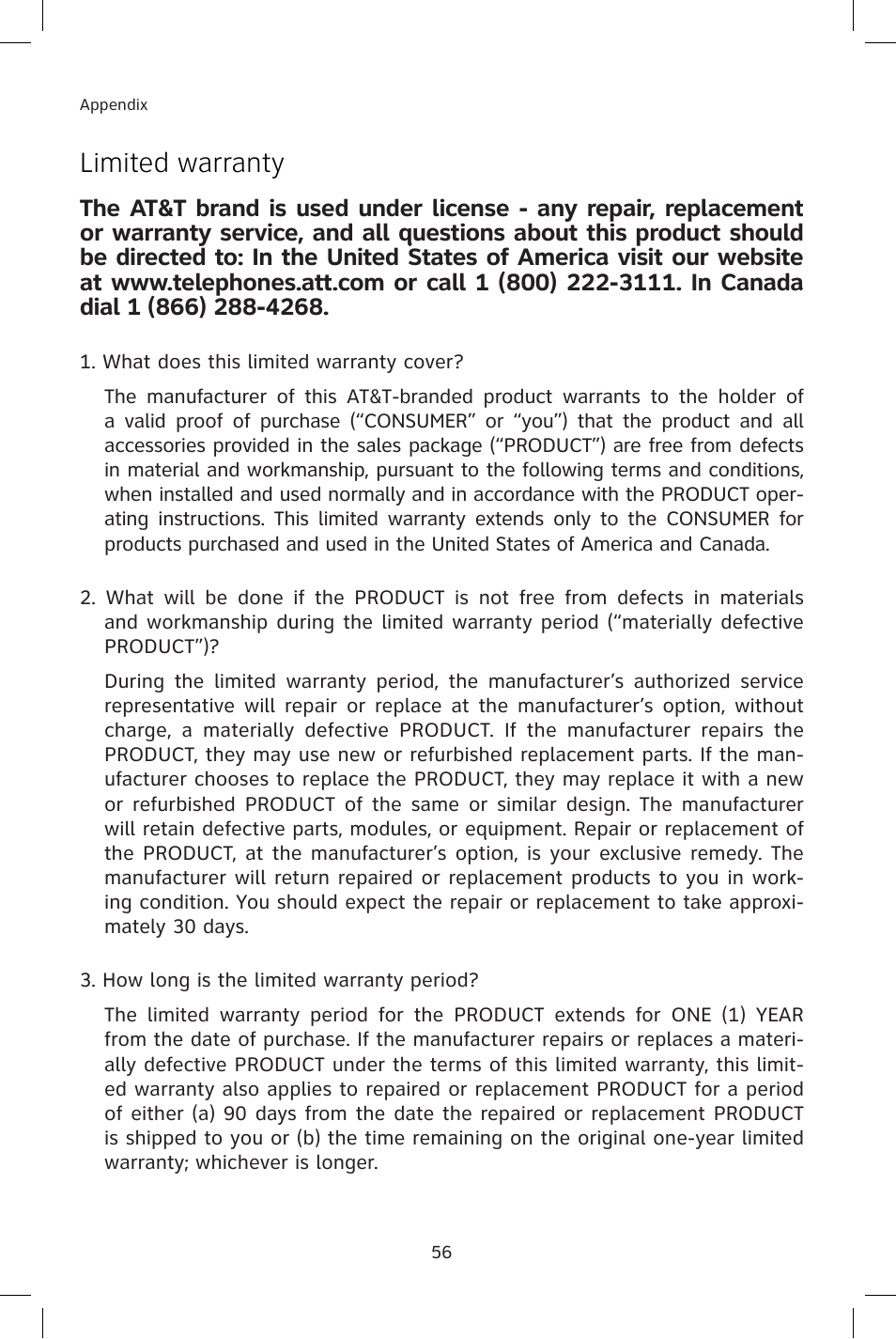 Limited warranty | AT&T E1814B User Manual | Page 59 / 65