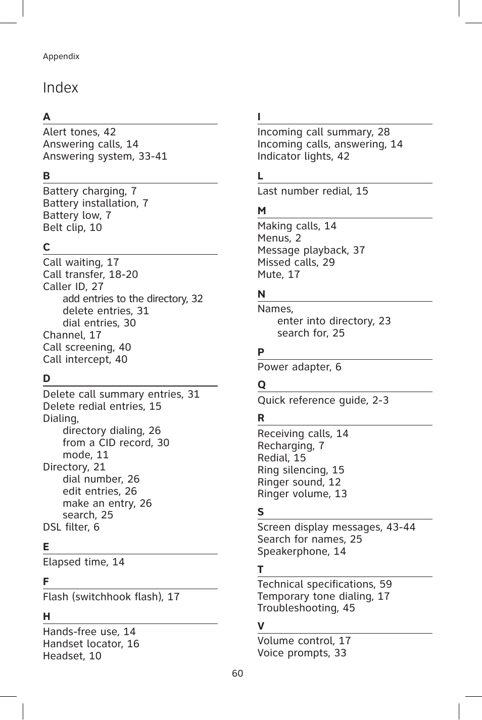 Index | AT&T E1814B User Manual | Page 63 / 65