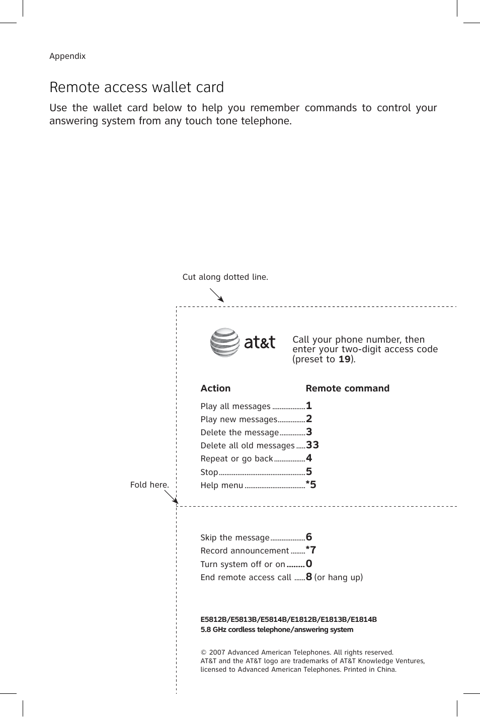 Remote access wallet card | AT&T E1814B User Manual | Page 64 / 65