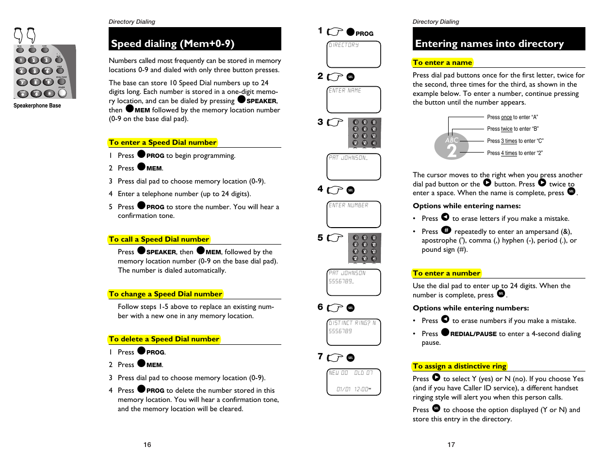 Speed dialing (mem+0-9), To enter a speed dial number, To call a speed dial number | To change a speed dial number, To delete a speed dial number, Entering names into directory, To enter a name, To enter a number, To assign a distinctive ring | AT&T 1475 User Manual | Page 10 / 26