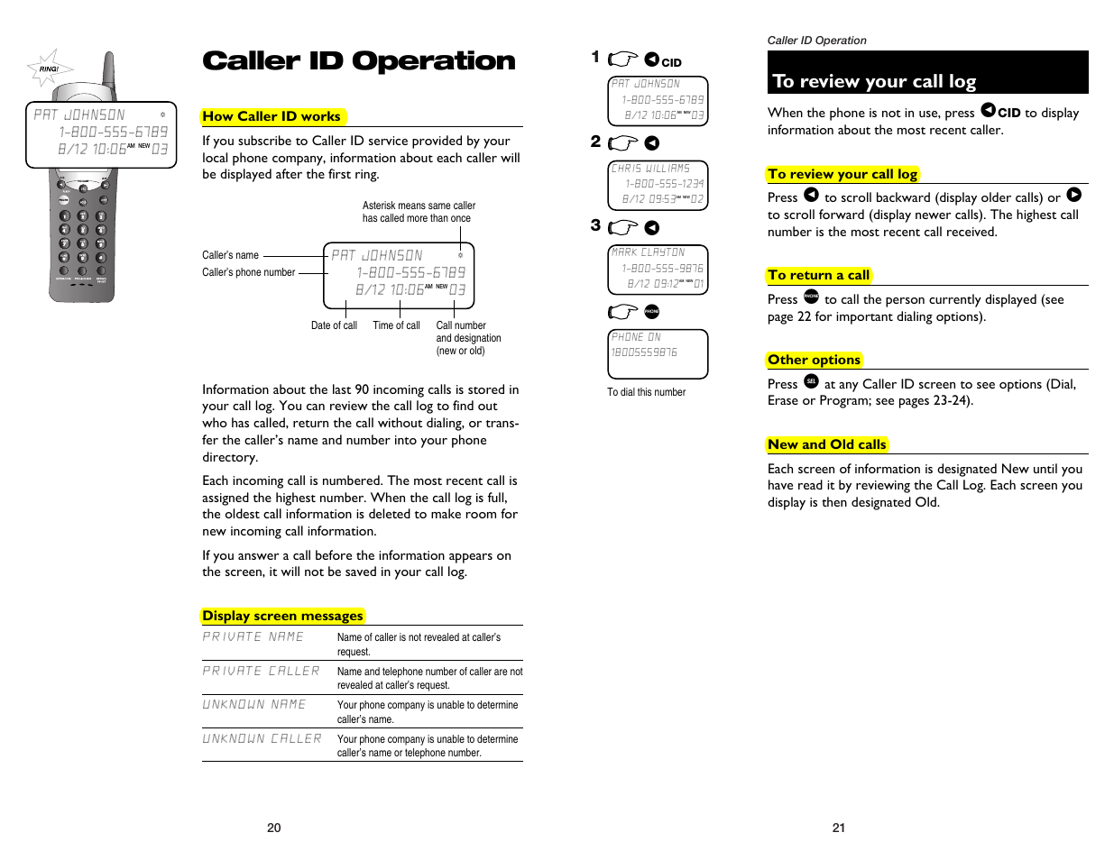 Caller id operation, How caller id works, Display screen messages | Private name, Private caller, Unknown name, Unknown caller, To review your call log, To return a call, Other options | AT&T 1475 User Manual | Page 12 / 26
