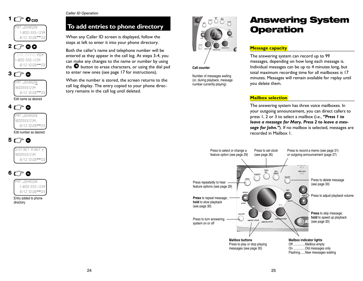 To add entries to phone directory, Answering system operation, Message capacity | Mailbox selection | AT&T 1475 User Manual | Page 14 / 26