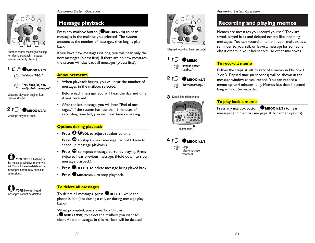 Message playback, Announcements, Options during playback | To delete all messages, Recording and playing memos, To record a memo, To play back a memo | AT&T 1475 User Manual | Page 17 / 26