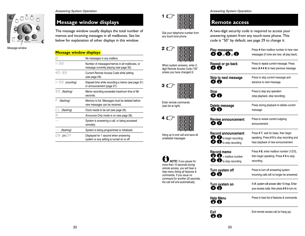 Message window displays, Remote access | AT&T 1475 User Manual | Page 18 / 26