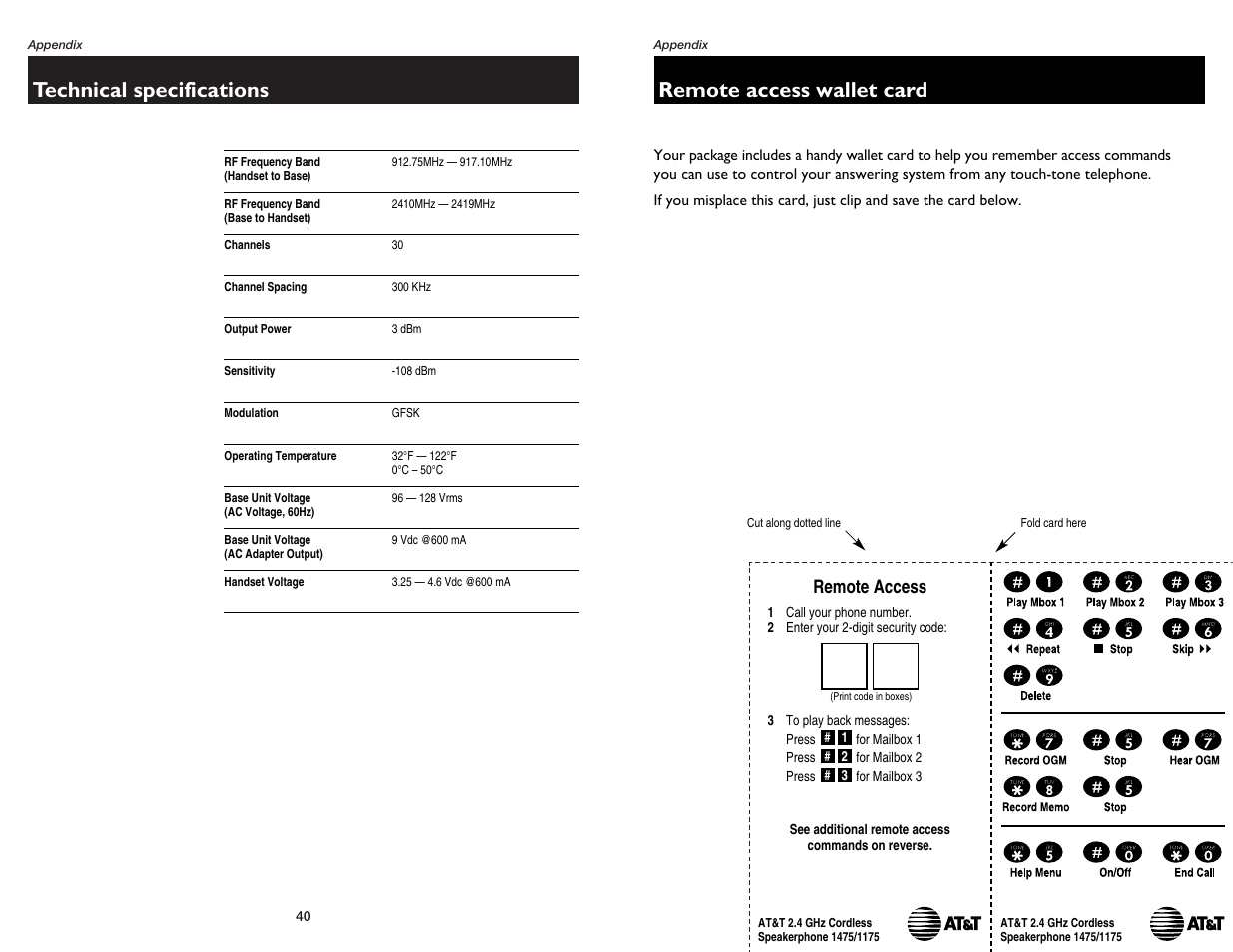 Technical specifications, Remote access wallet card, Remote access | AT&T 1475 User Manual | Page 22 / 26