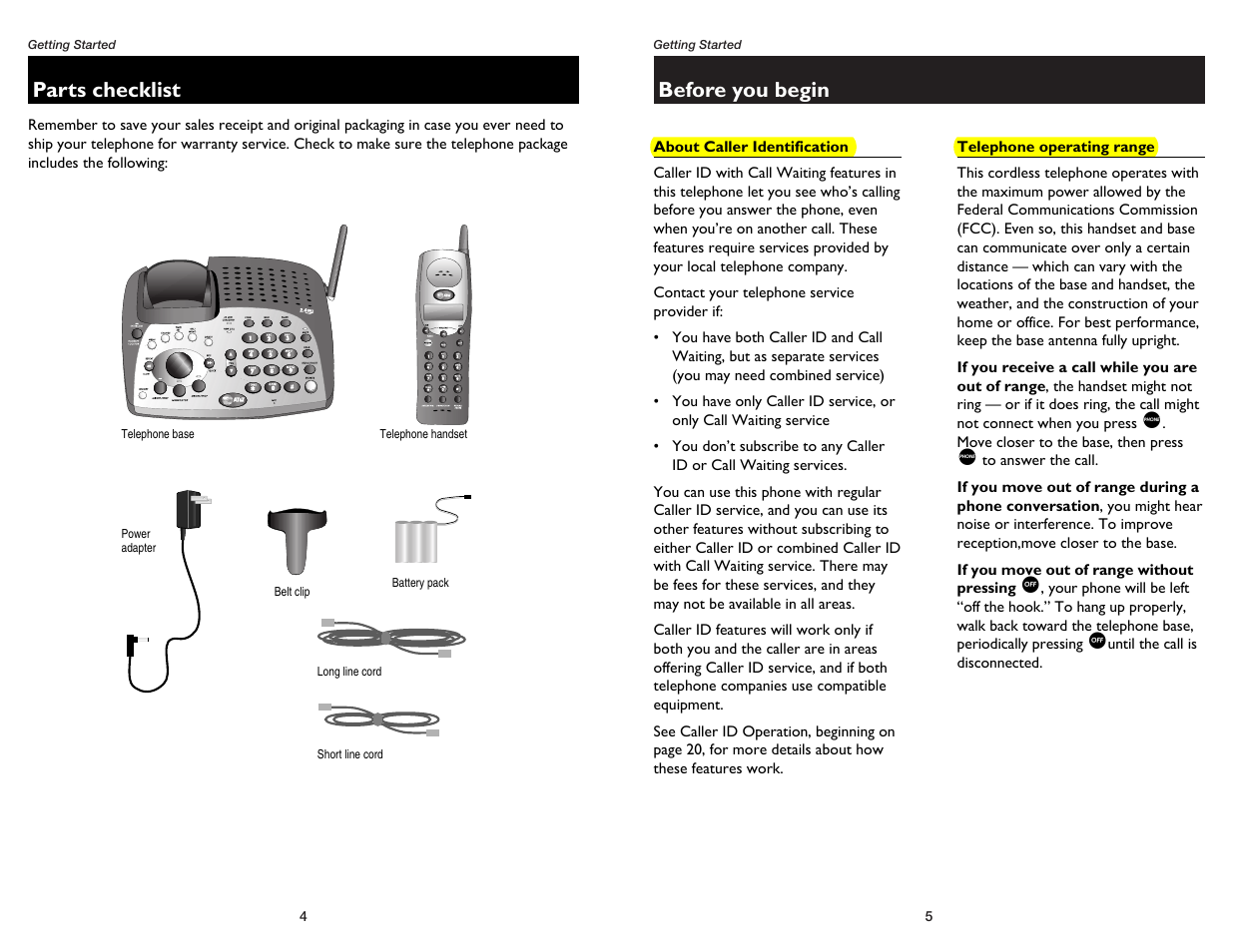 Parts checklist, Before you begin, About caller identification | Telephone operating range, Before you begin parts checklist | AT&T 1475 User Manual | Page 4 / 26