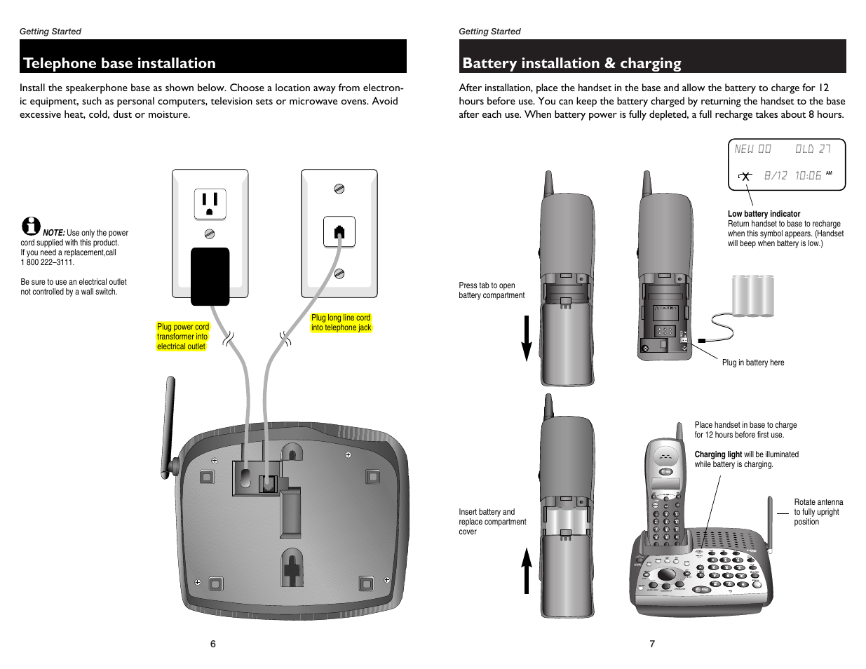 Telephone base installation, Battery installation & charging | AT&T 1475 User Manual | Page 5 / 26