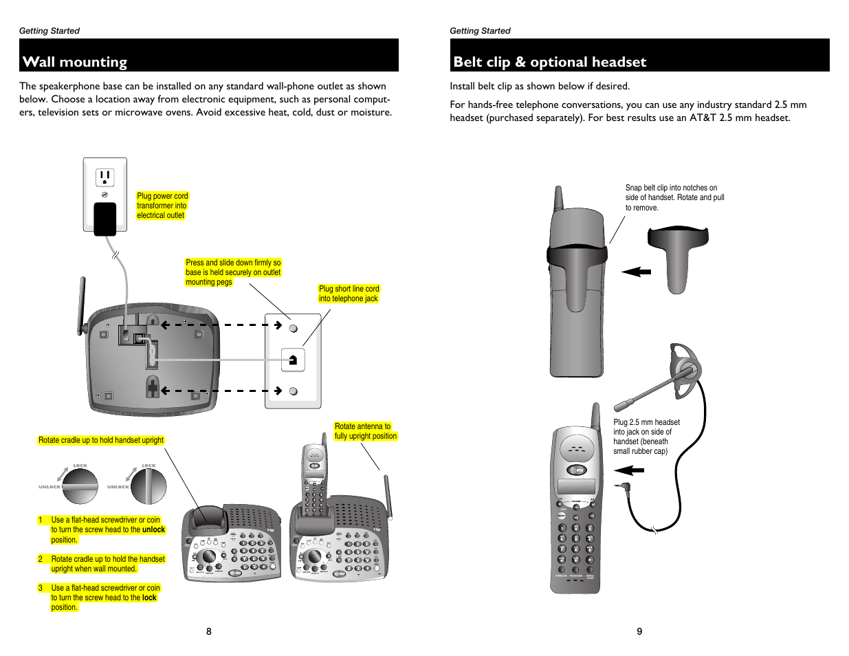Wall mounting, Belt clip & optional headset | AT&T 1475 User Manual | Page 6 / 26