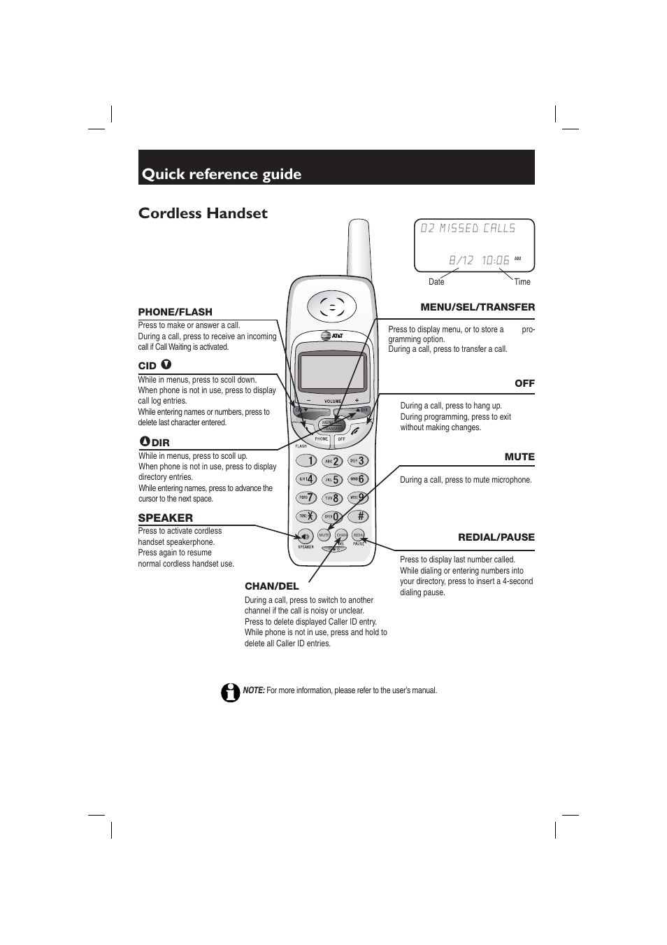 Quick reference guide, Cordless handset | AT&T E2717B User Manual | Page 3 / 6