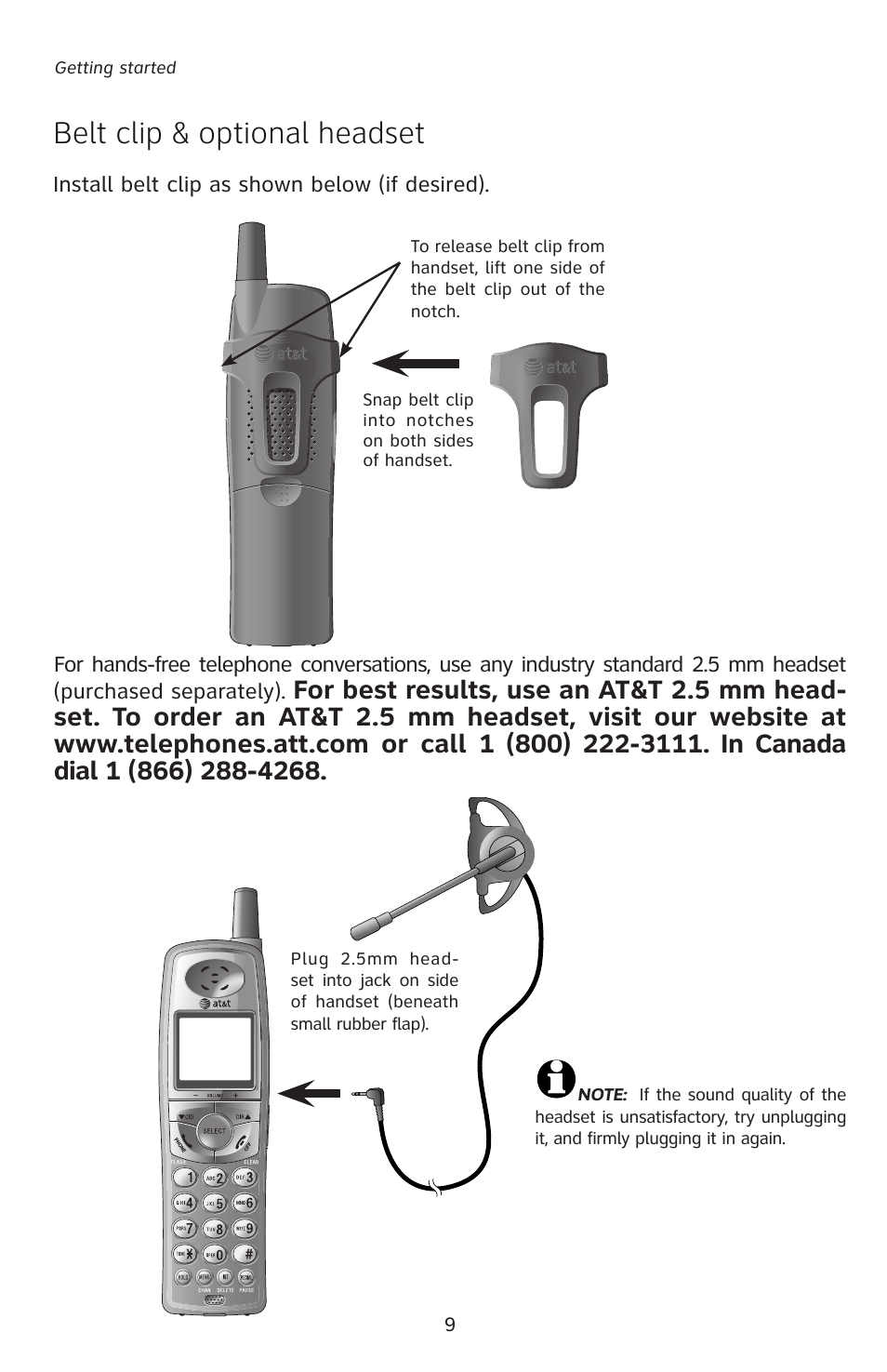 Belt clip & optional headset t | AT&T E5827 User Manual | Page 12 / 70