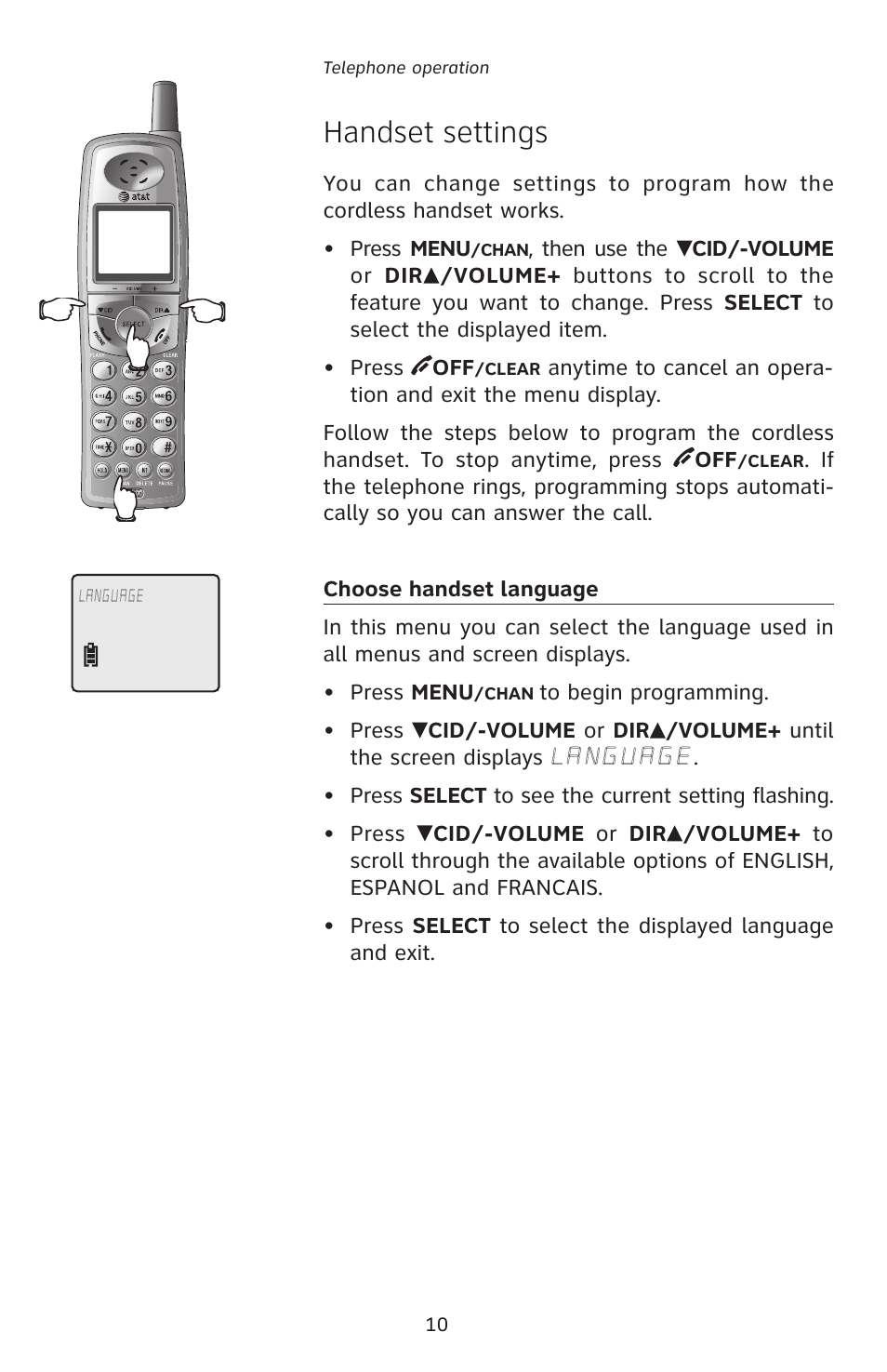 Handset settings | AT&T E5827 User Manual | Page 13 / 70