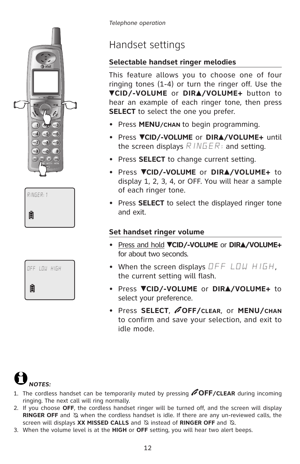 Handset settings | AT&T E5827 User Manual | Page 15 / 70