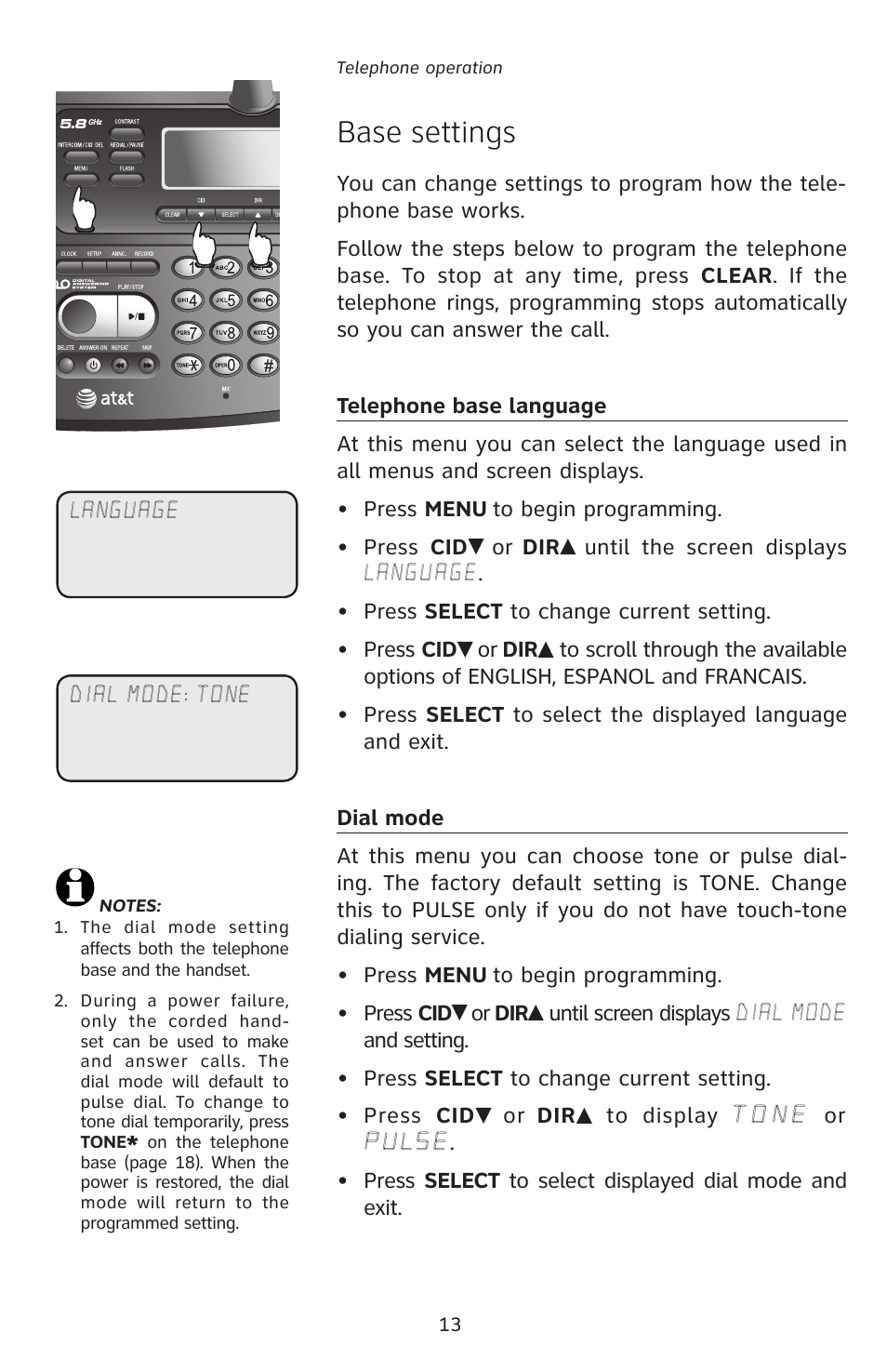 Base settings | AT&T E5827 User Manual | Page 16 / 70