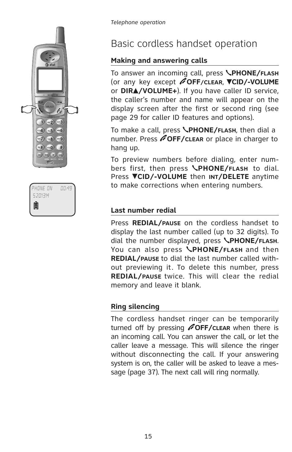 Basic cordless handset operation | AT&T E5827 User Manual | Page 18 / 70