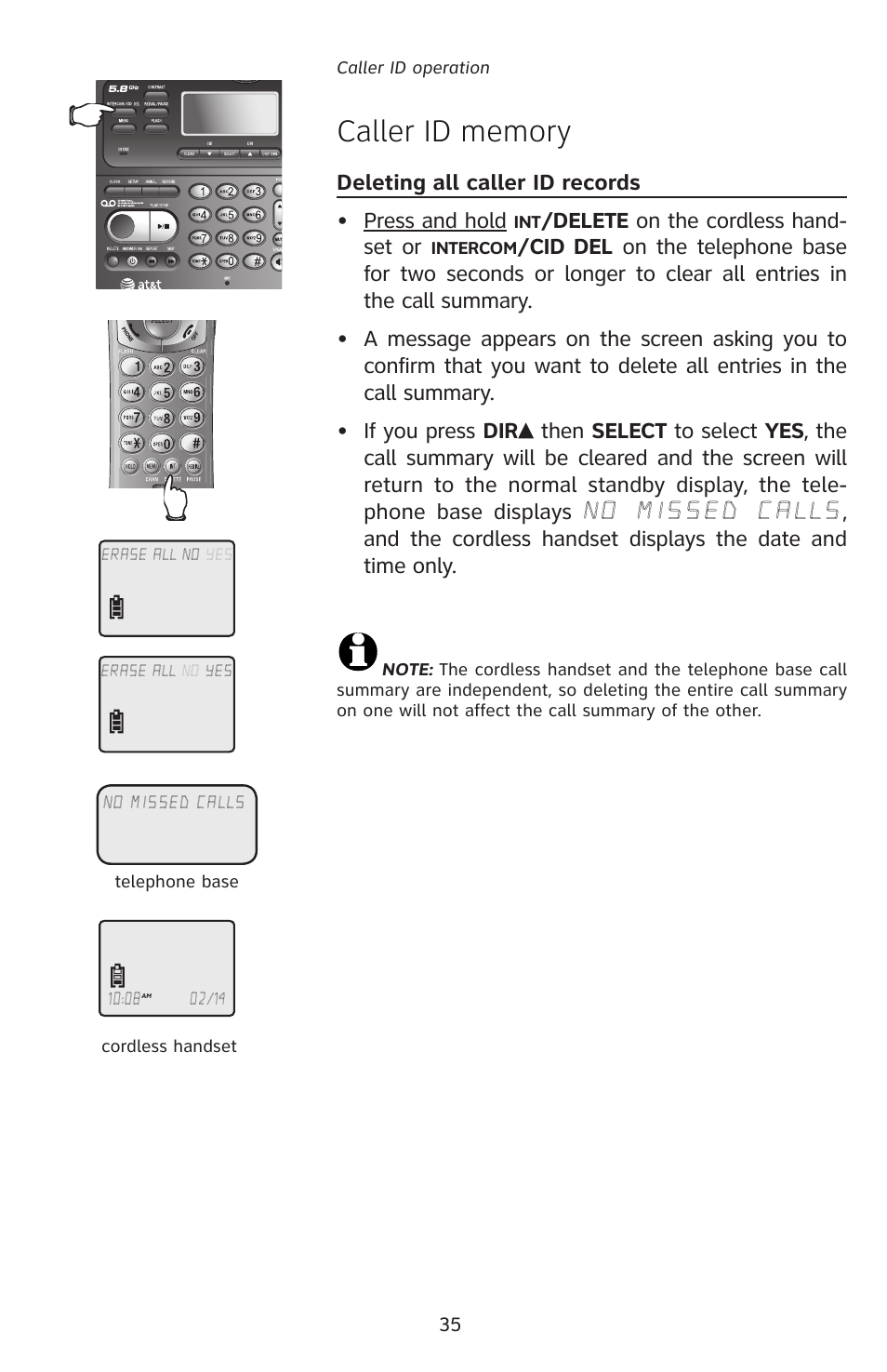 Deleting all caller id records • press and hold, Delete on the cordless hand- set or | AT&T E5827 User Manual | Page 38 / 70