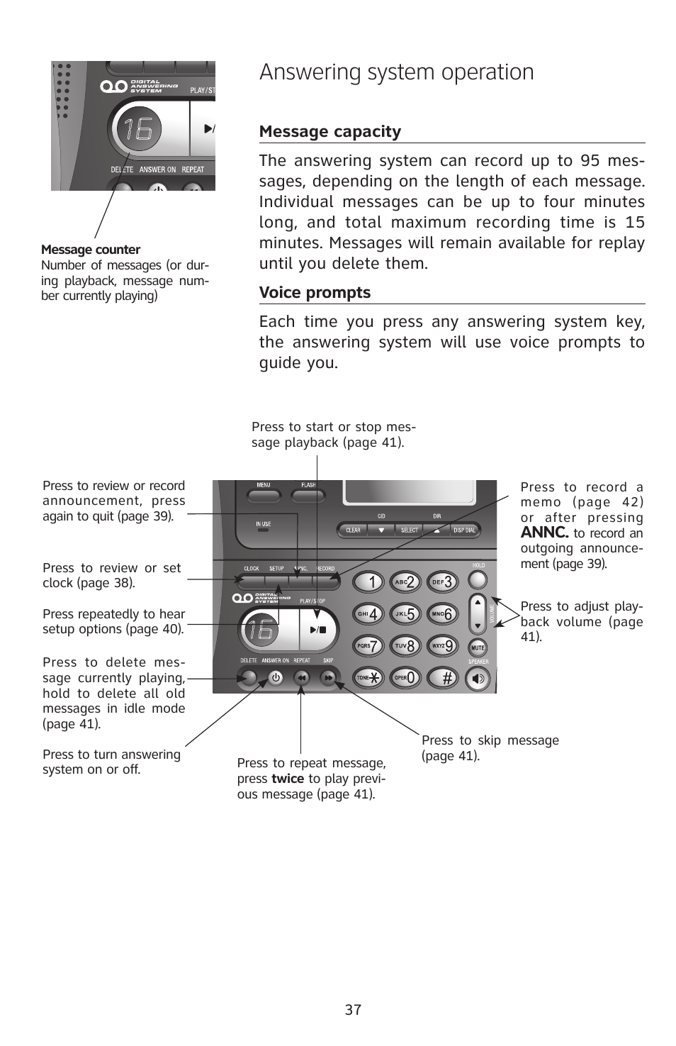 Answering system operation, Annc | AT&T E5827 User Manual | Page 40 / 70