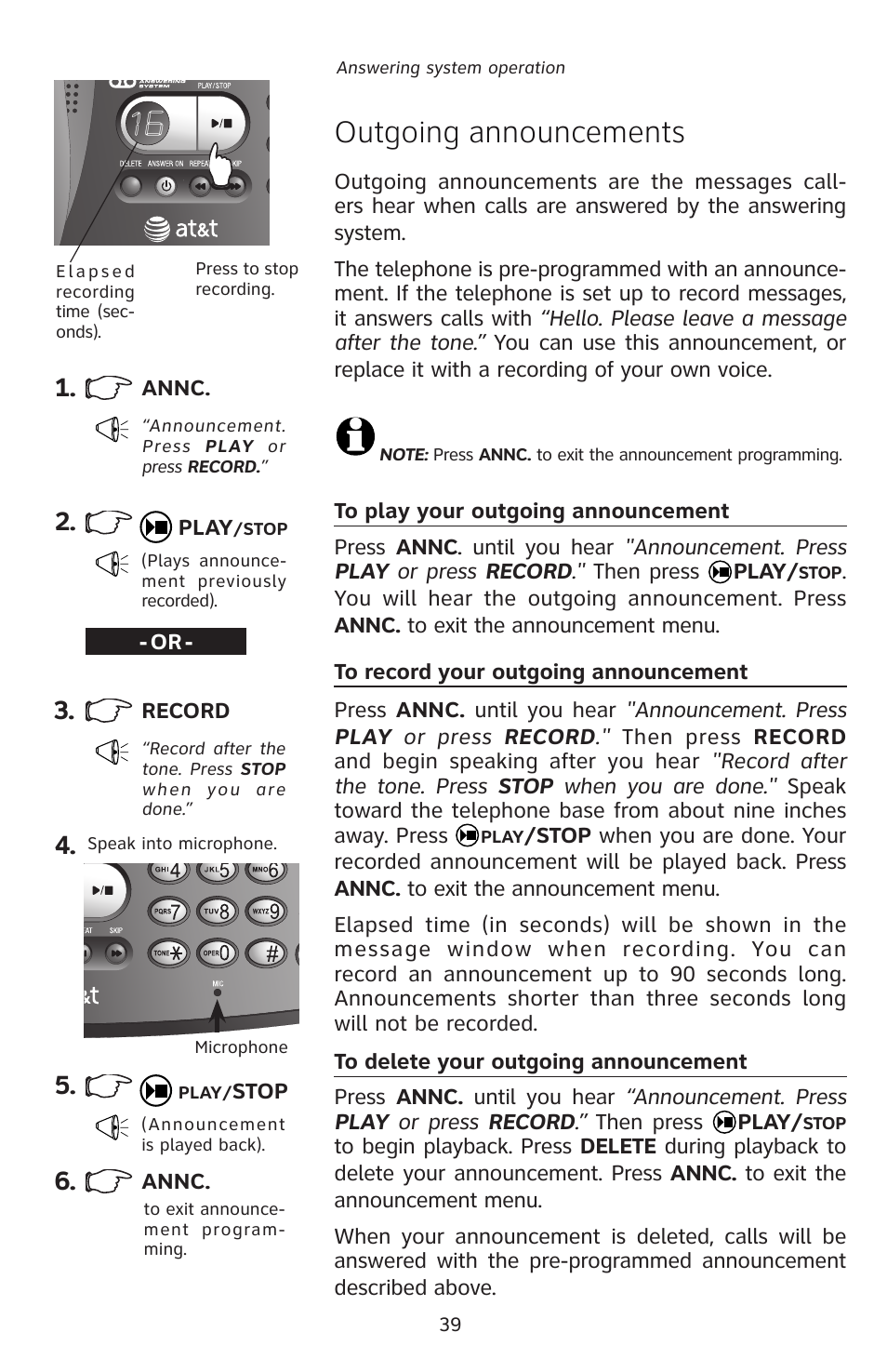 Outgoing announcements | AT&T E5827 User Manual | Page 42 / 70
