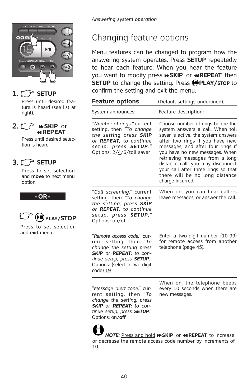 Changing feature options, Setup, Skip or repeat | Stop | AT&T E5827 User Manual | Page 43 / 70