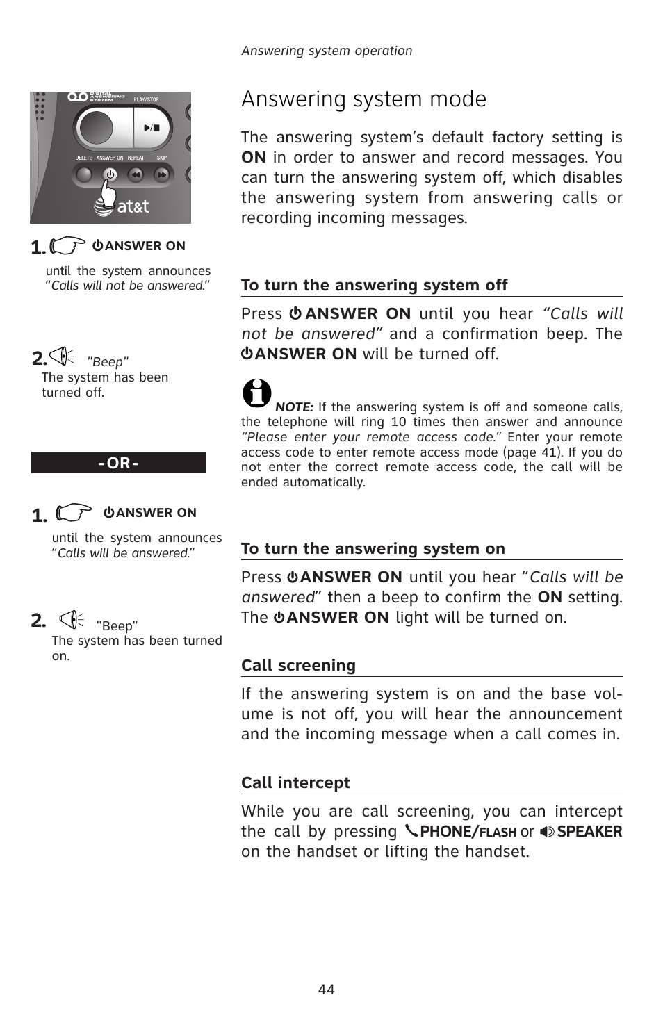 Answering system mode | AT&T E5827 User Manual | Page 47 / 70