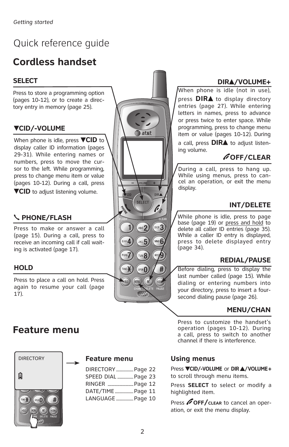 Quick reference guide, Cordless handset feature menu | AT&T E5827 User Manual | Page 5 / 70
