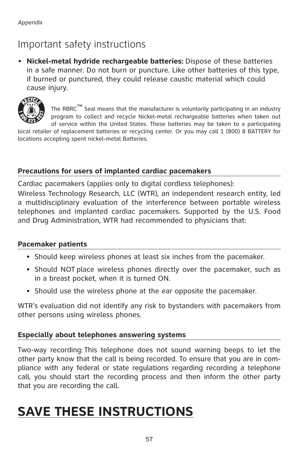 Save these instructions, Important safety instructions | AT&T E5827 User Manual | Page 60 / 70