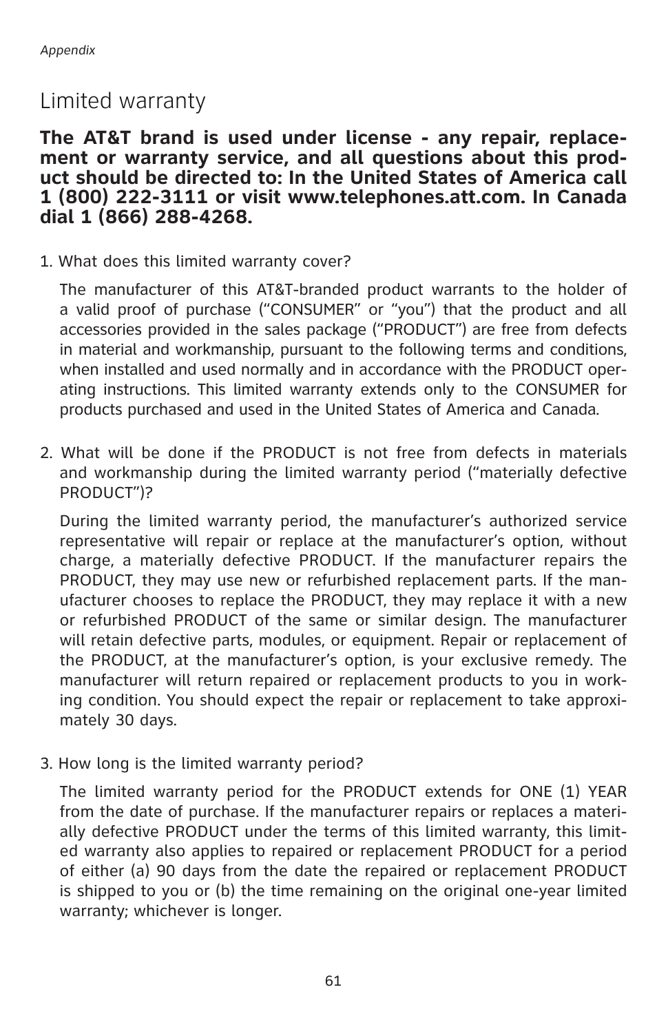 Limited warranty | AT&T E5827 User Manual | Page 64 / 70