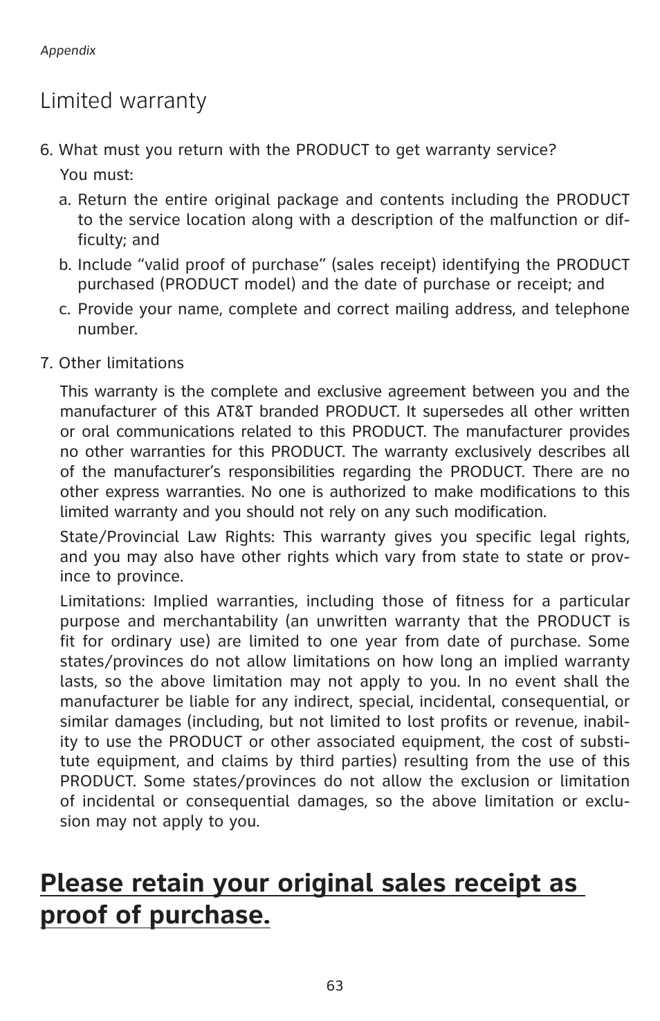 Limited warranty | AT&T E5827 User Manual | Page 66 / 70