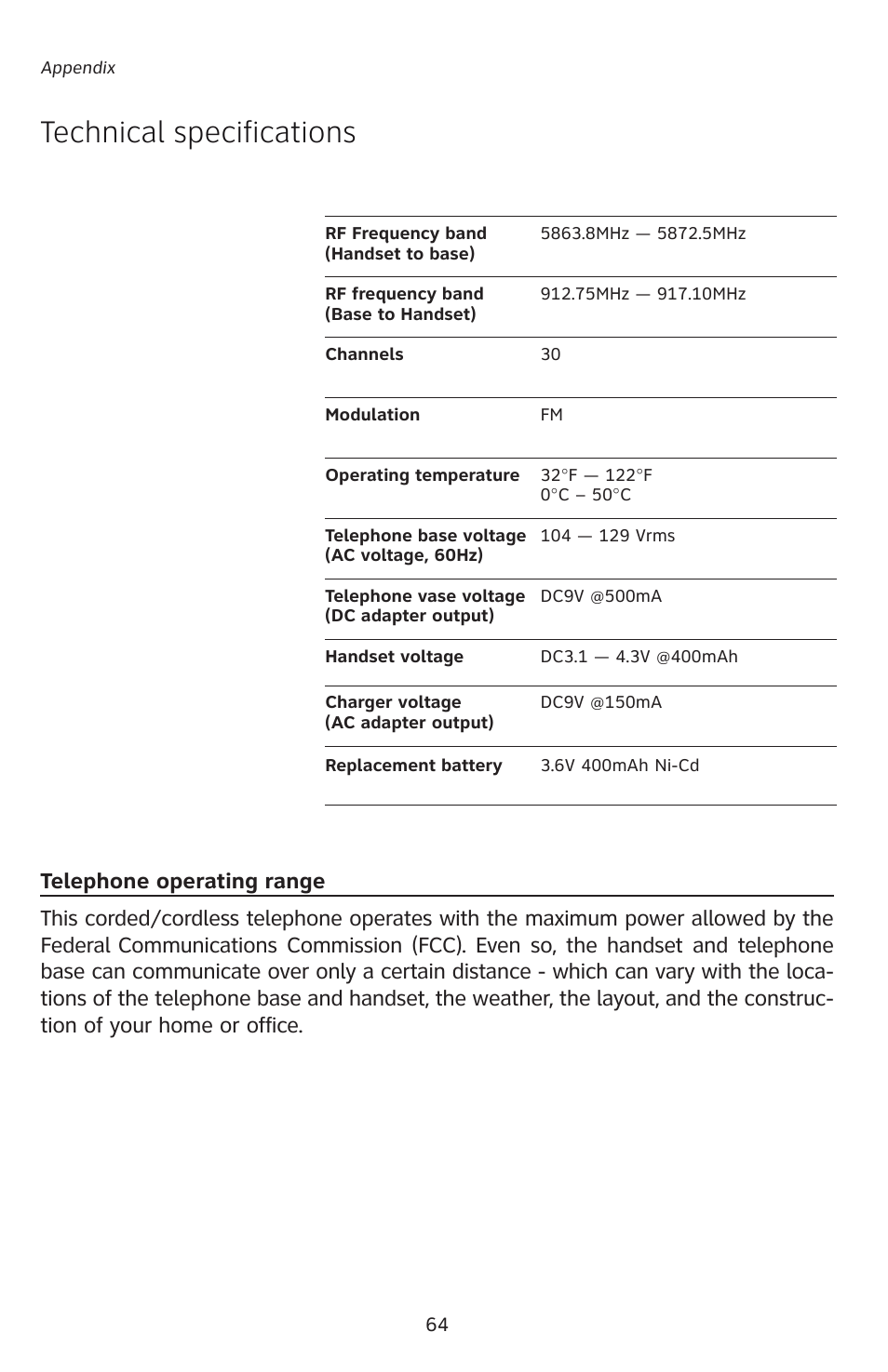 Technical specifications | AT&T E5827 User Manual | Page 67 / 70