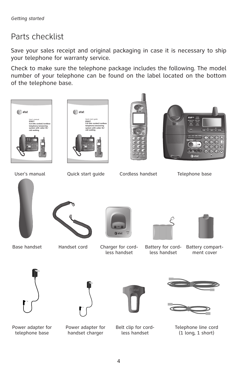 Parts checklist | AT&T E5827 User Manual | Page 7 / 70