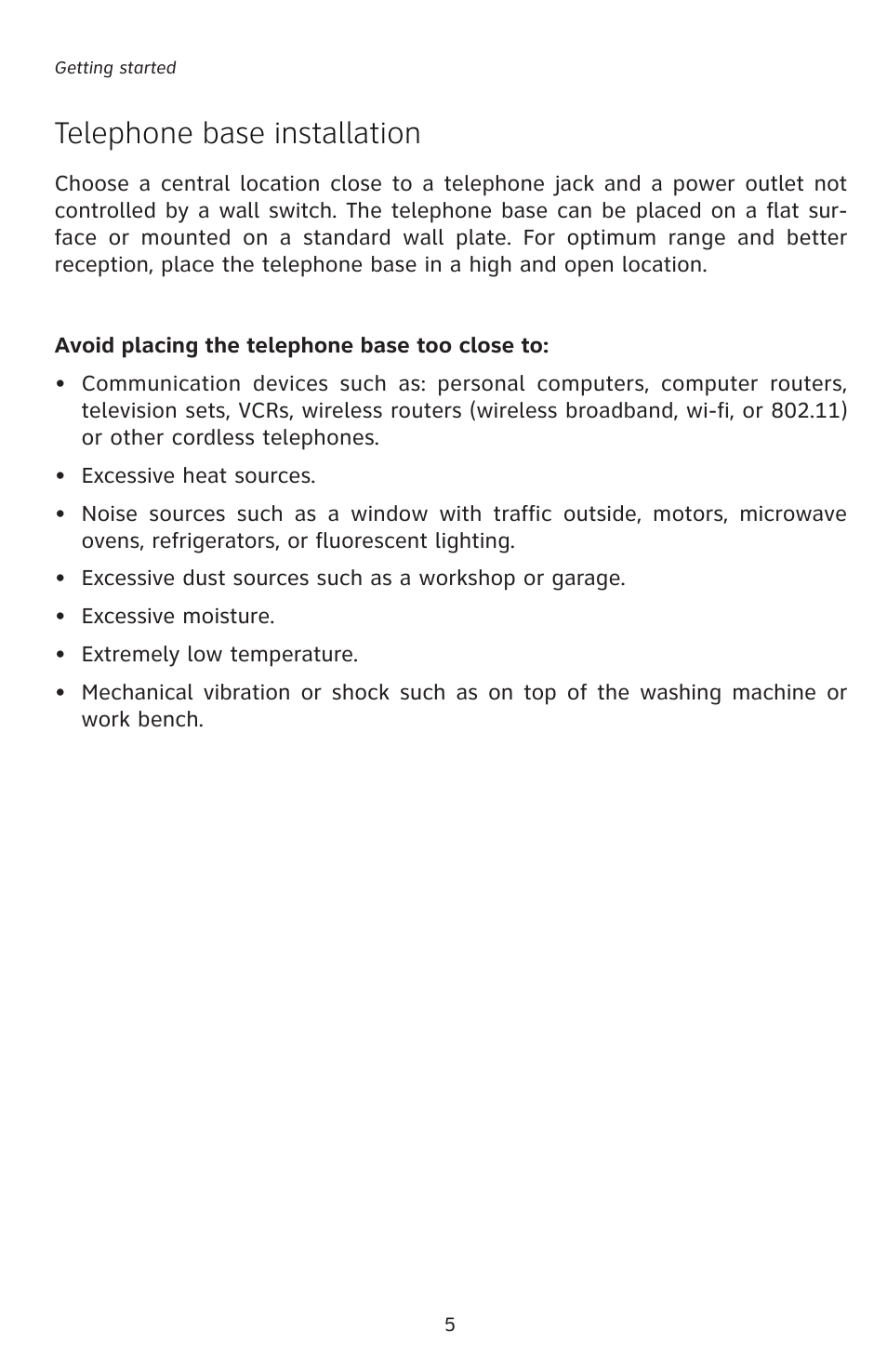 Telephone base installation | AT&T E5827 User Manual | Page 8 / 70