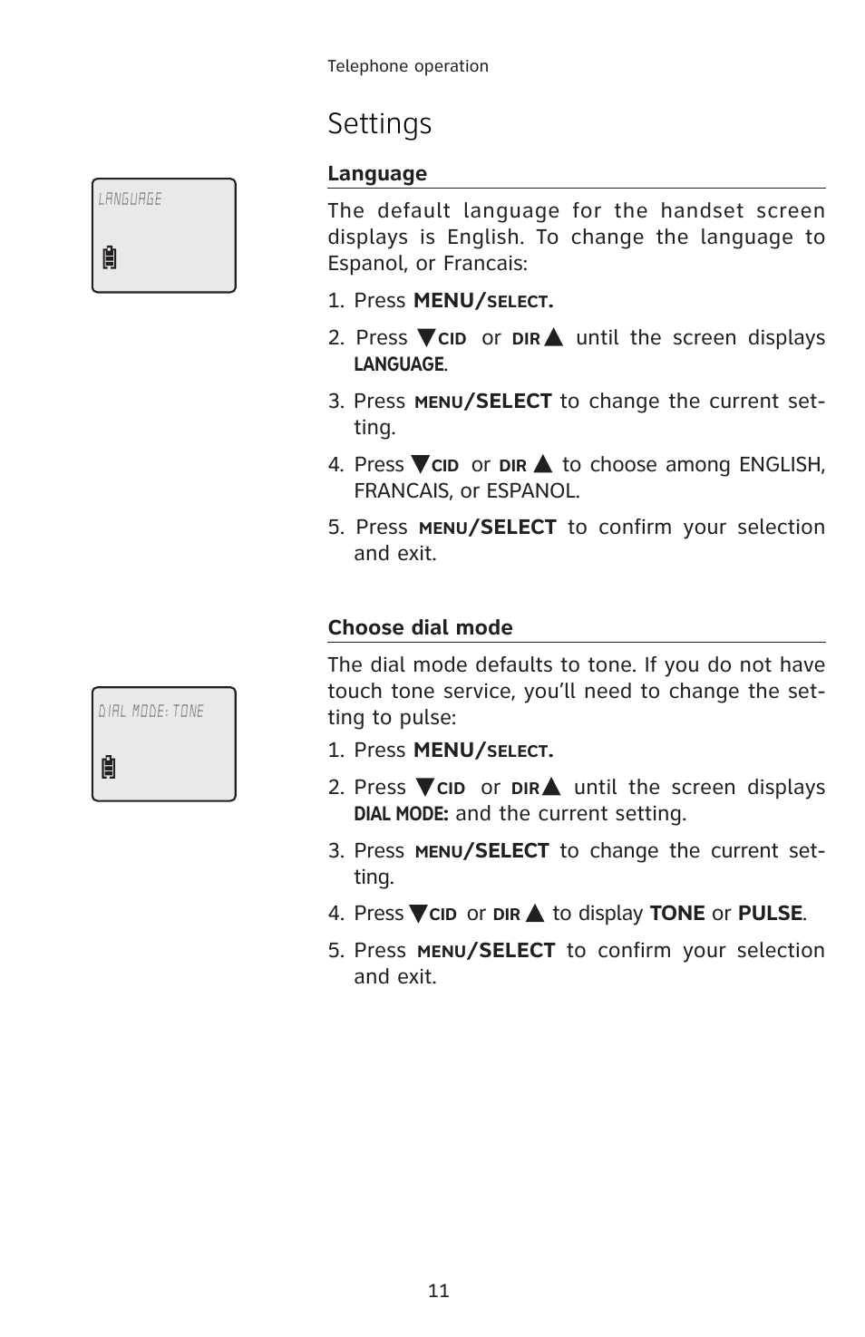 Telephone operation, Settings, Language | Choose dial mode | AT&T E5804 User Manual | Page 14 / 52