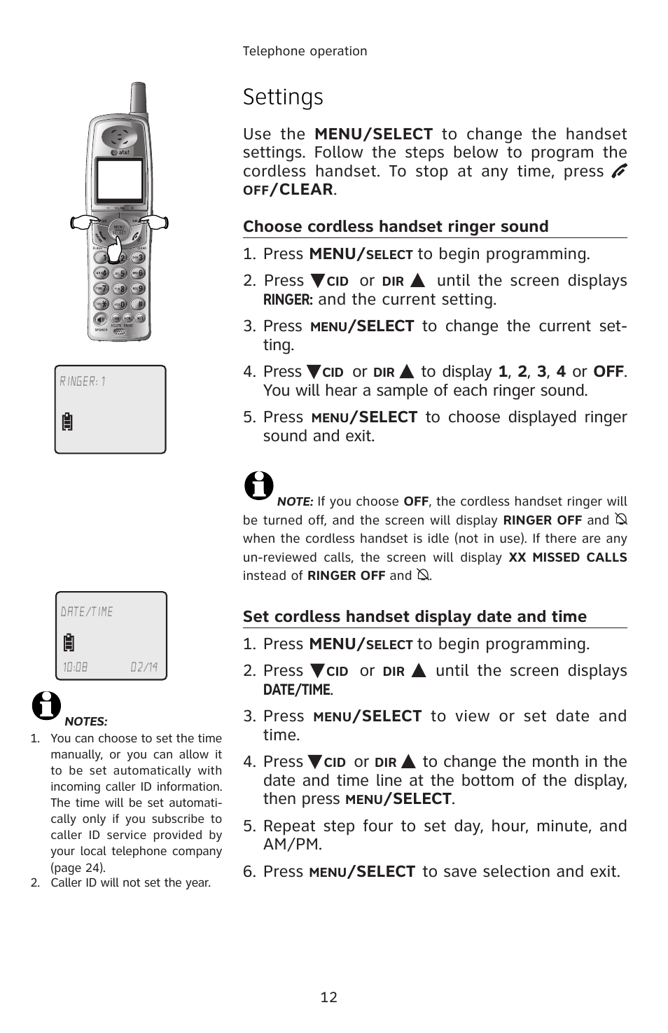 Choose cordless handset ringer sound, Set cordless handset display date and time, Settings | AT&T E5804 User Manual | Page 15 / 52