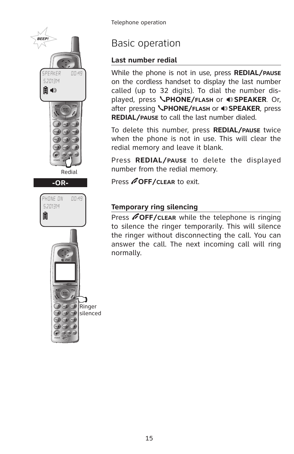 Last number redial, Temporary ring silencing, Basic operation | AT&T E5804 User Manual | Page 18 / 52