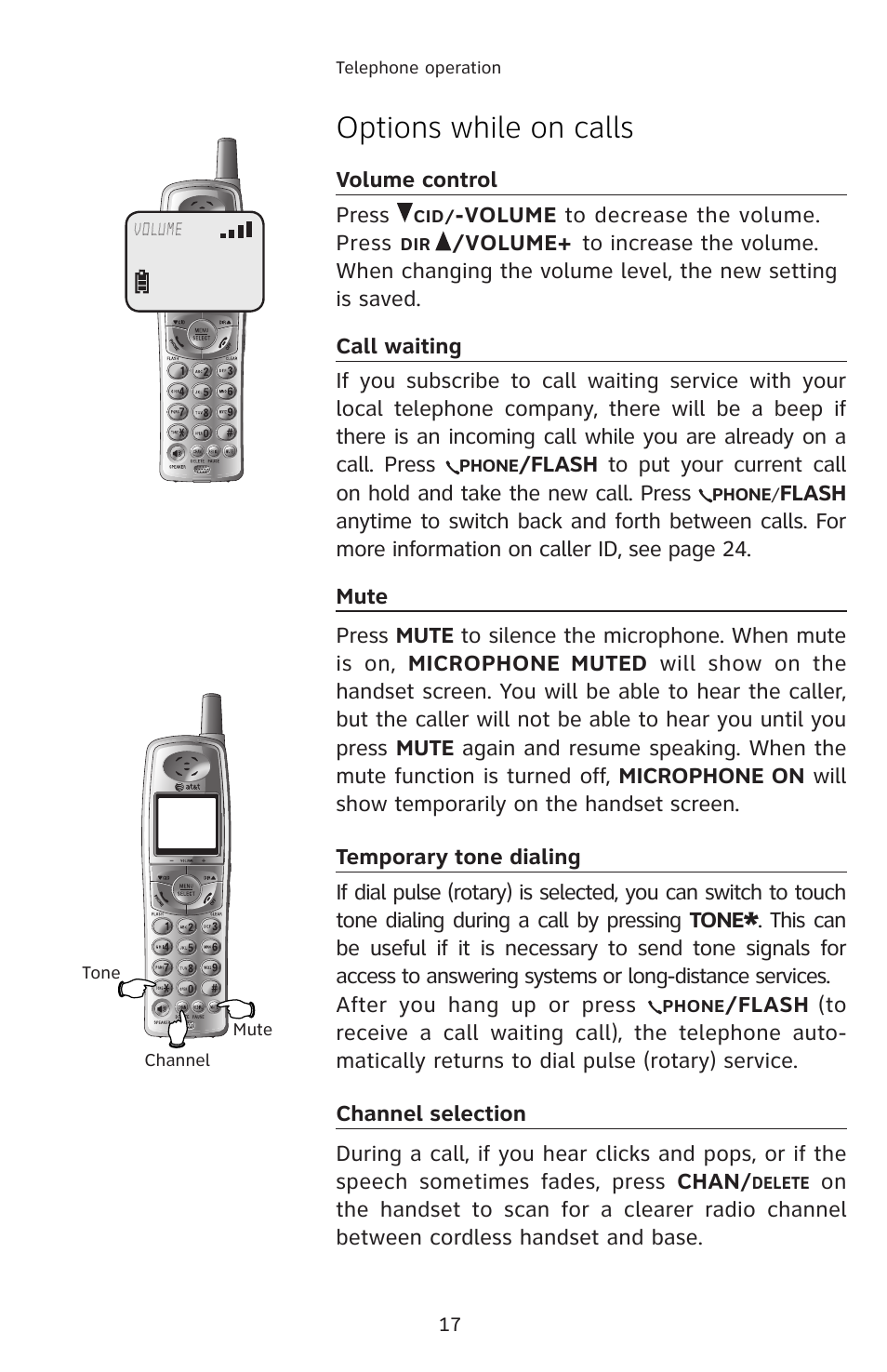 Options while on calls, Volume control, Call waiting | Mute, Temporary tone dialing, Channel selection | AT&T E5804 User Manual | Page 20 / 52