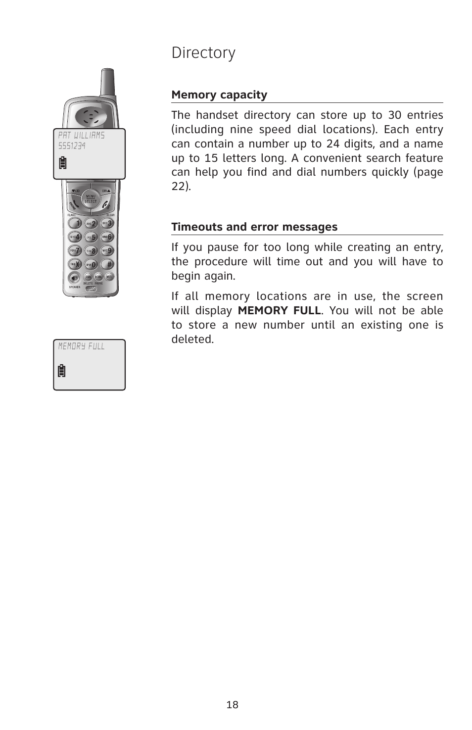 Directory, Memory capacity, Timeouts and error messages | AT&T E5804 User Manual | Page 21 / 52