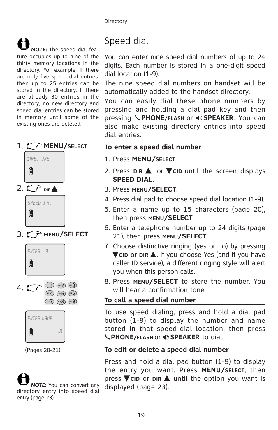 Speed dial, To enter a speed dial number, To call a speed dial number | To edit or delete a speed dial number | AT&T E5804 User Manual | Page 22 / 52