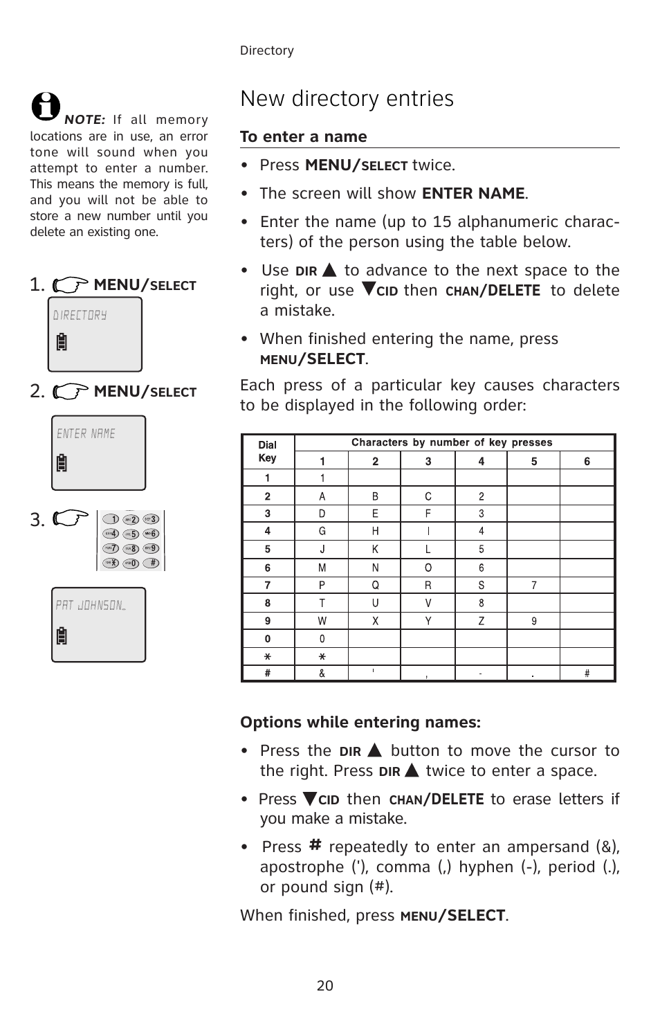 New directory entries, To enter a name, Options while entering names | AT&T E5804 User Manual | Page 23 / 52