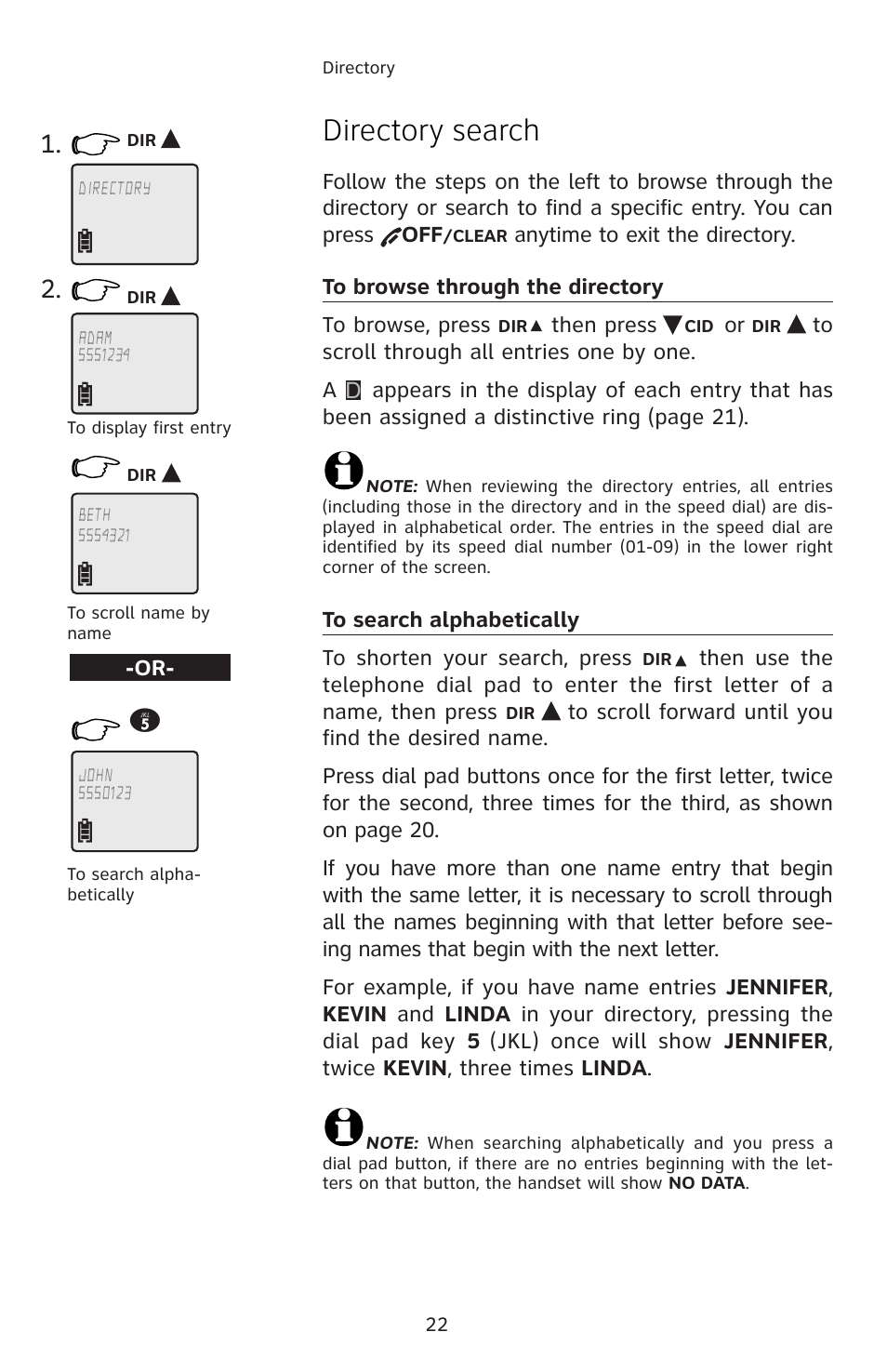 Directory search, To browse through the directory, To search alphabetically | AT&T E5804 User Manual | Page 25 / 52