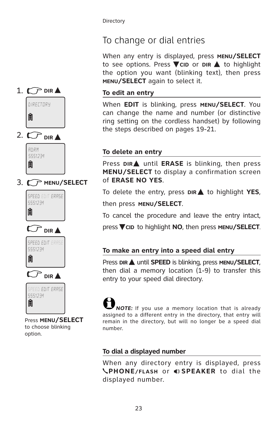 To change or dial entries, To edit an entry, To delete an entry | To make an entry into a speed dial entry, To dial a displayed number | AT&T E5804 User Manual | Page 26 / 52